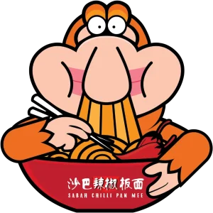 Cartoon mascot character enjoying Sabah chilli pan mee noodles from red bowl with chopsticks and spoon