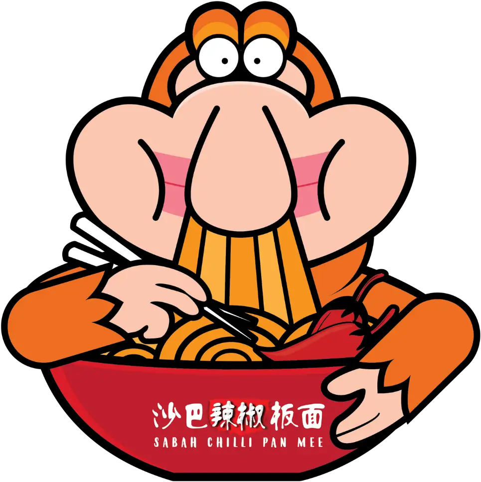 Cartoon mascot character enjoying Sabah chilli pan mee noodles from red bowl with chopsticks and spoon