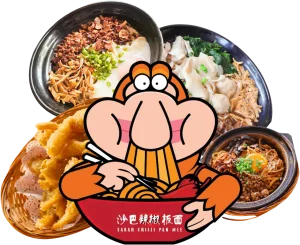 Cartoon mascot character surrounded by authentic Sabah chilli pan mee dishes and crispy side snacks